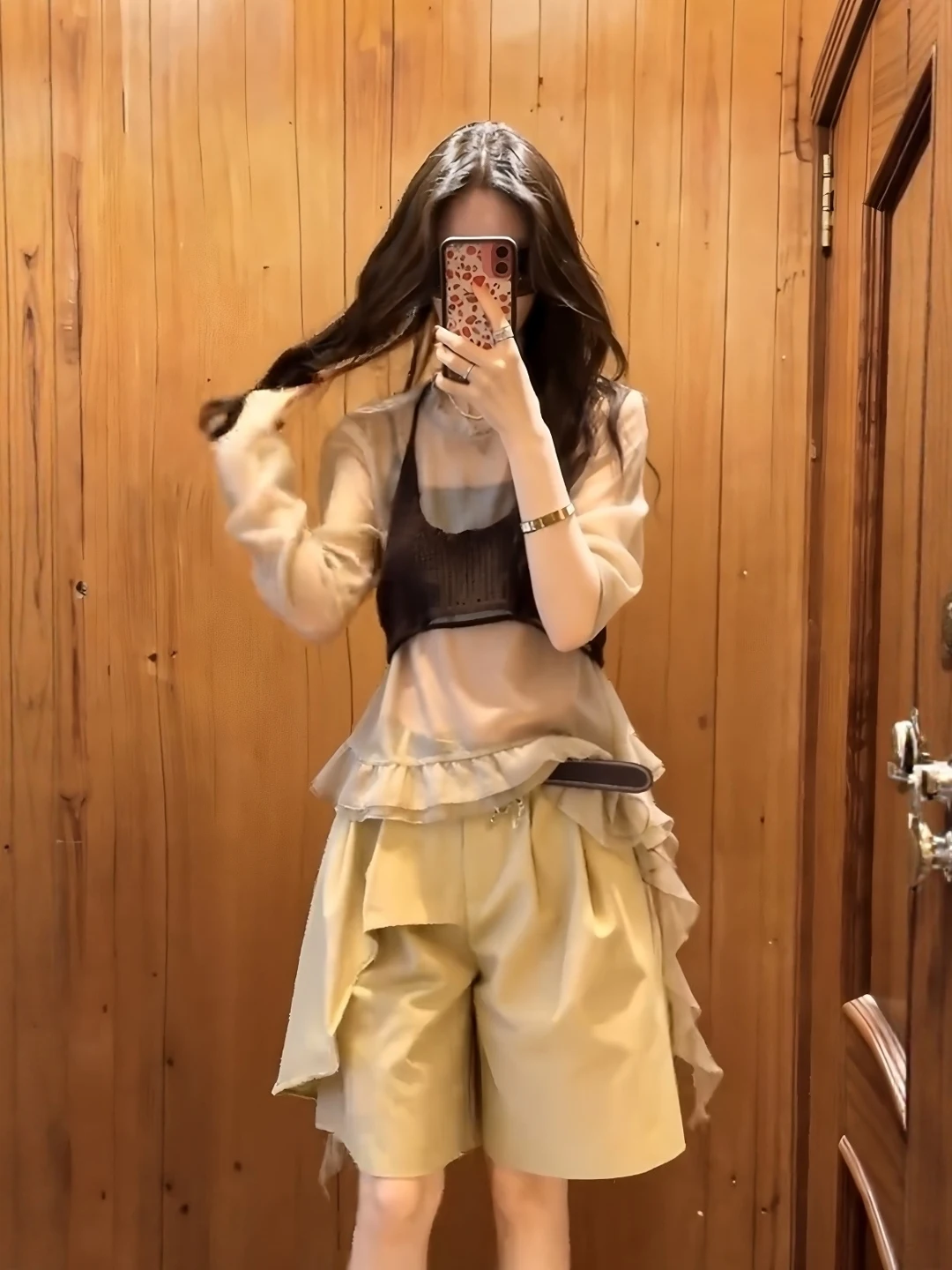 

Cafe Au Lait Off-Shoulder Mesh Top Wide Leg Pants Three-Piece Set Women Summer Retro Mermaid Layered Clothing Casual Style