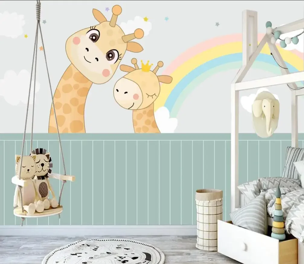 

Custom wallpaper mural Nordic cartoon small fresh giraffe rainbow children room background wall painting decoration 3d wallpaper