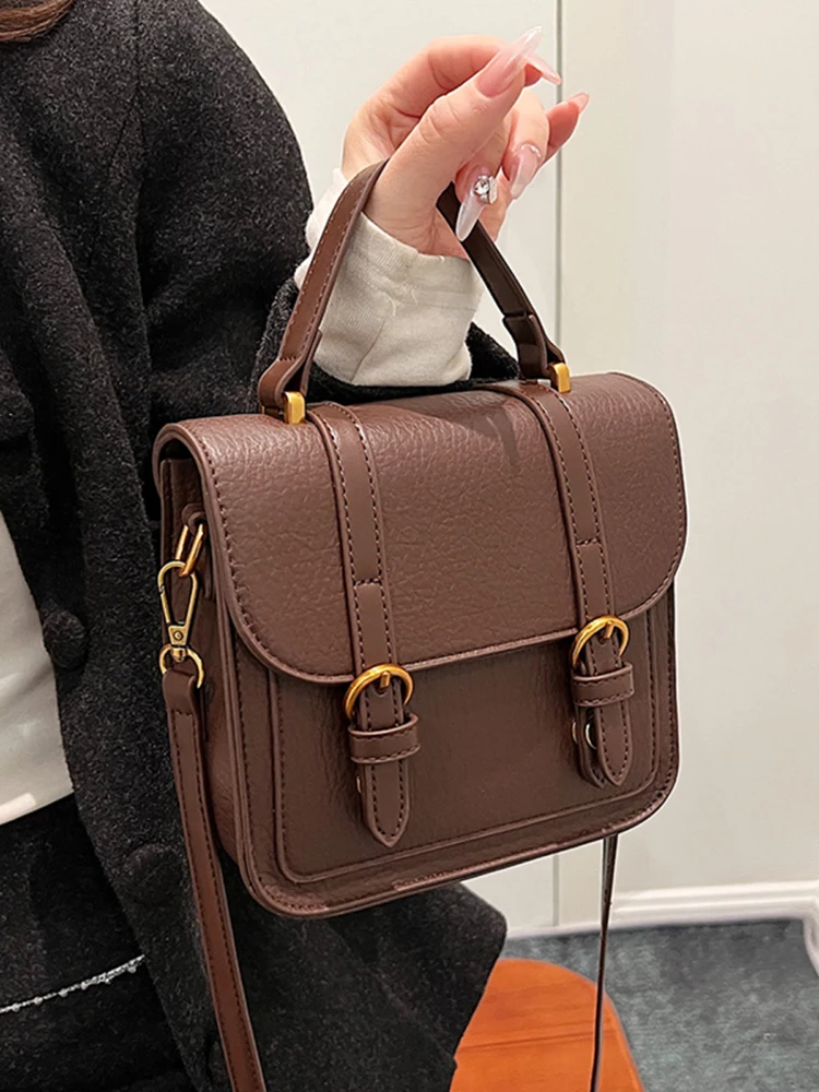 Vintage Small Square Bags Popular Pu Leather Textured Women Handbag High Quality Solid Color Ladies Crossbody Bag