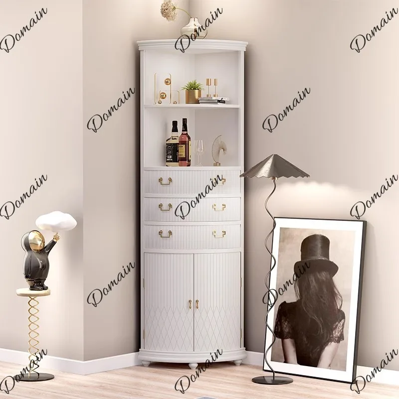Modern Corner Cabinet Triangle Storage Shelf for Living Room Bedroom, American Light Luxury Solid Wood Side Table Organizer