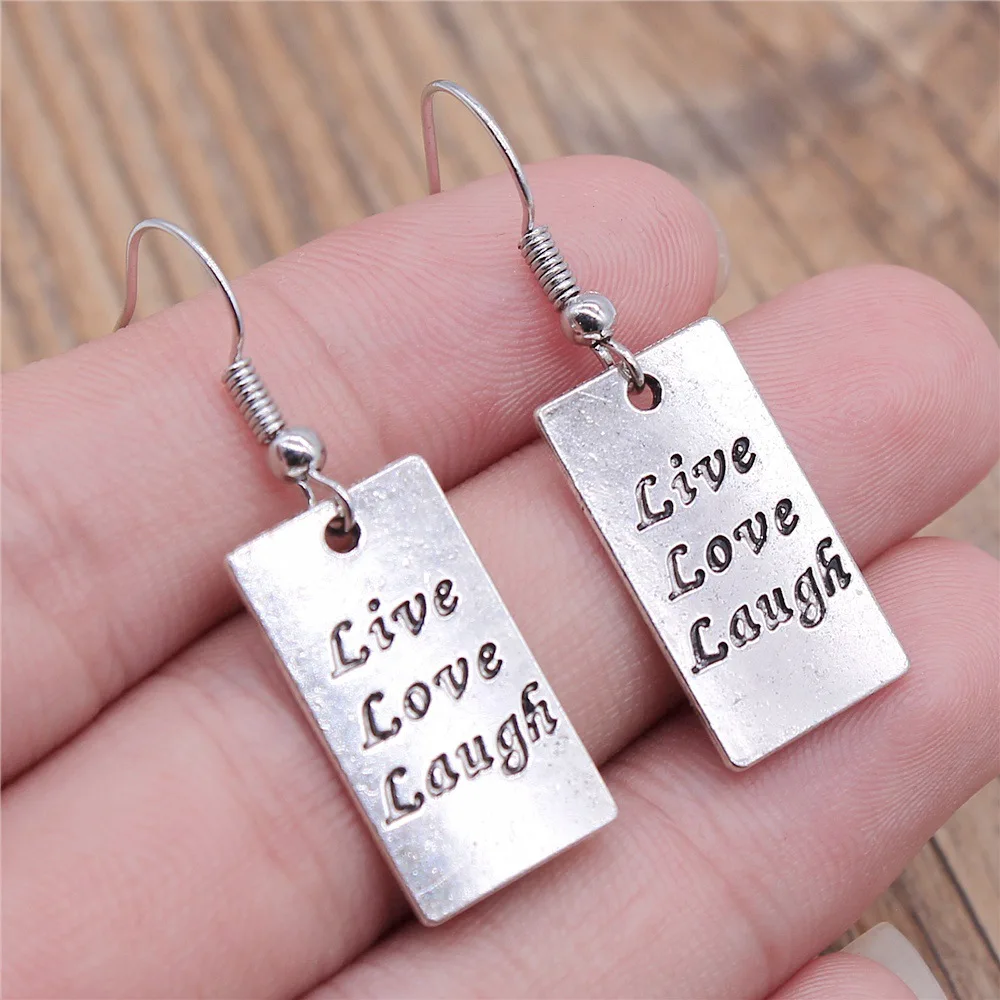 Fashion Handmade Antique Silver Color Rectangular Double Sided Live Love Laugh Pendant Earrings Vintage Drop Earrings