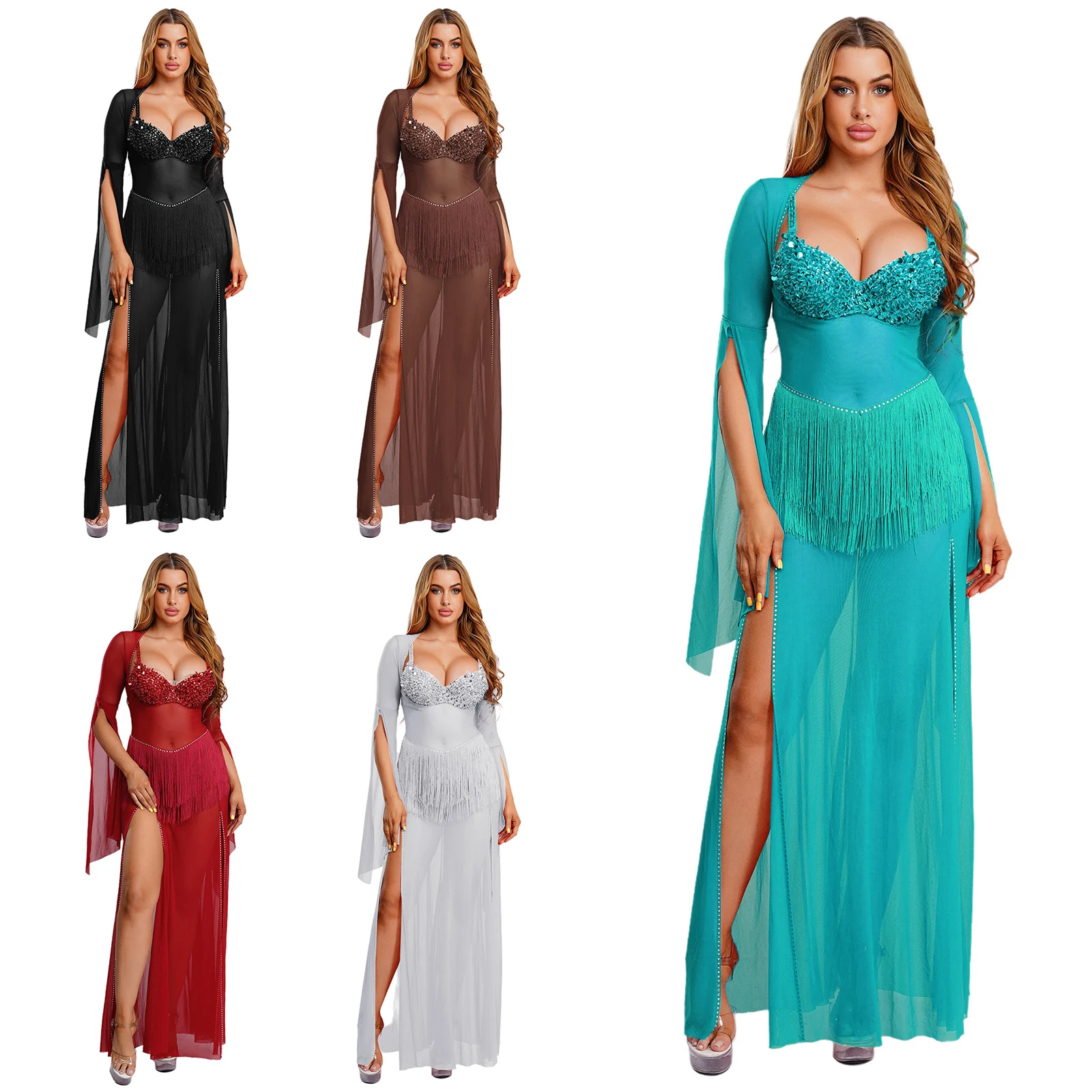 Vestido feminino egípcio para dança do ventre, manga sino, borla, cintura, malha, strass, bainha, maxi vestido, casamento, boate