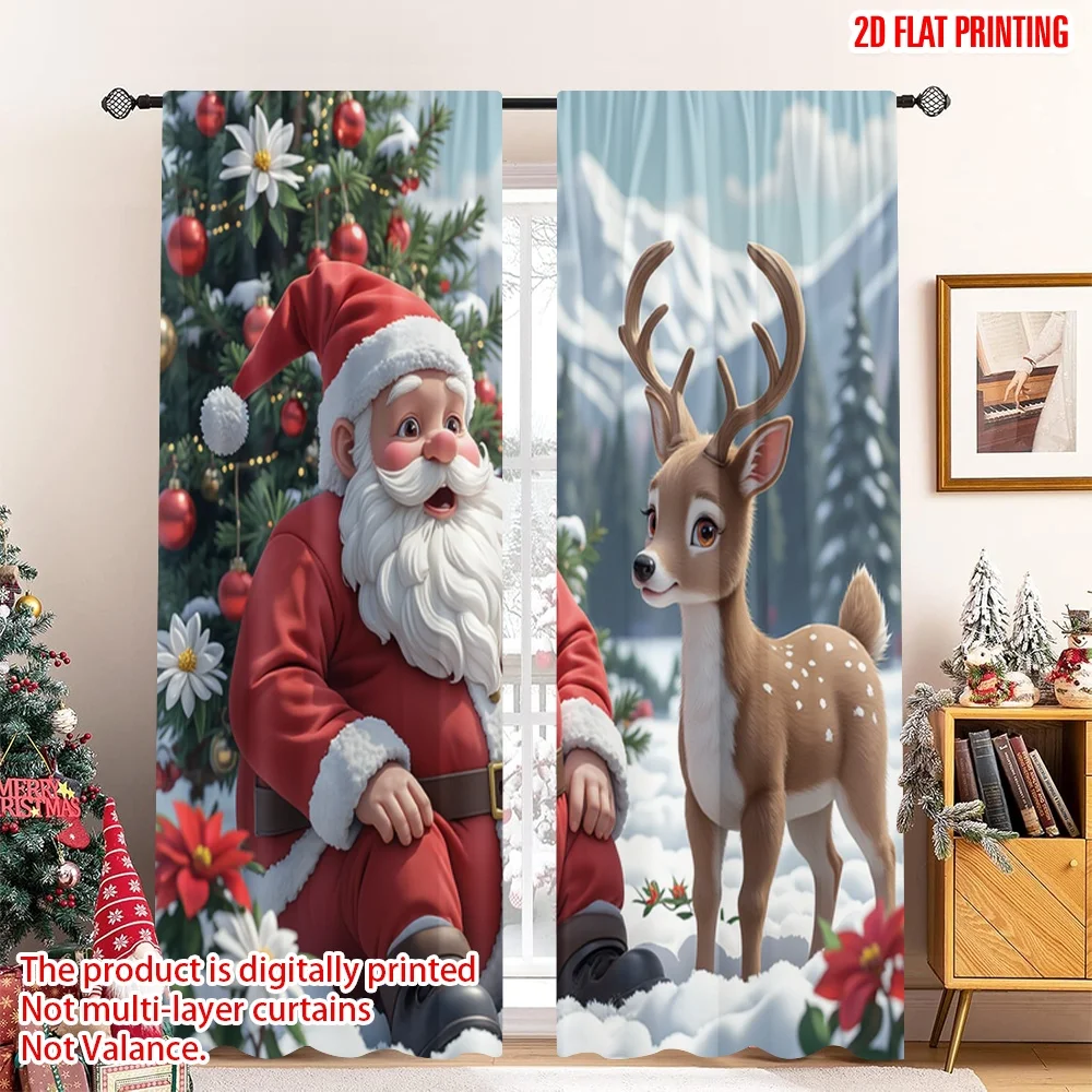 

2pcs 2D flat printing Christmas Window Drapes Santa Reindeer Poinsettia Christmas Polyester Without Electricity Party & Holiday