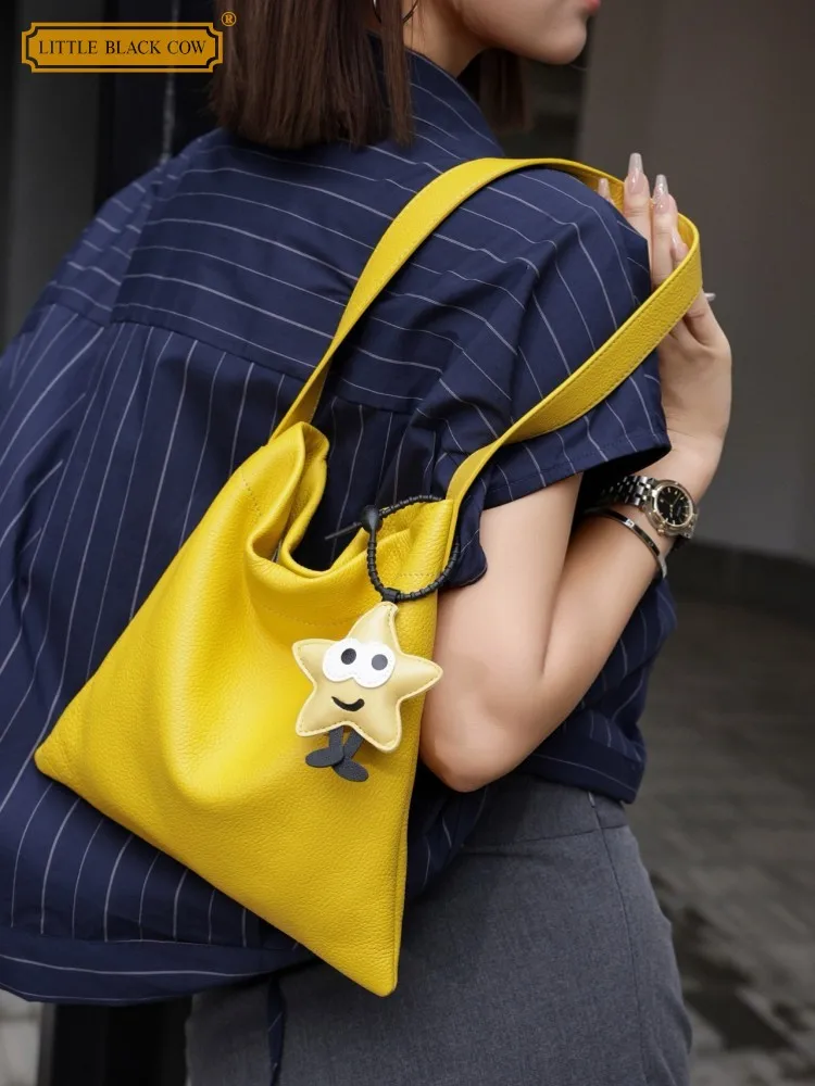 

Women Casual Bucket Bag High Shoulder Genuine Leather Bag Soft Cowskin Fashion Ladies Street Single Tote Handbag Underarm Bags