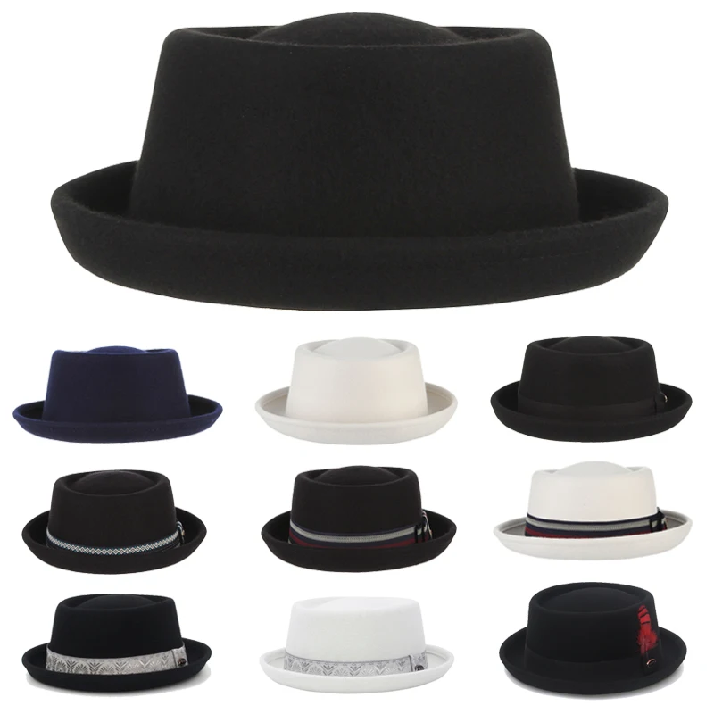 GEMVIE 100% Wool Women Men Felt Pork Pie Hat Curved Brim Porkpie Hat Autumn Winter Unisex Fedora Hats