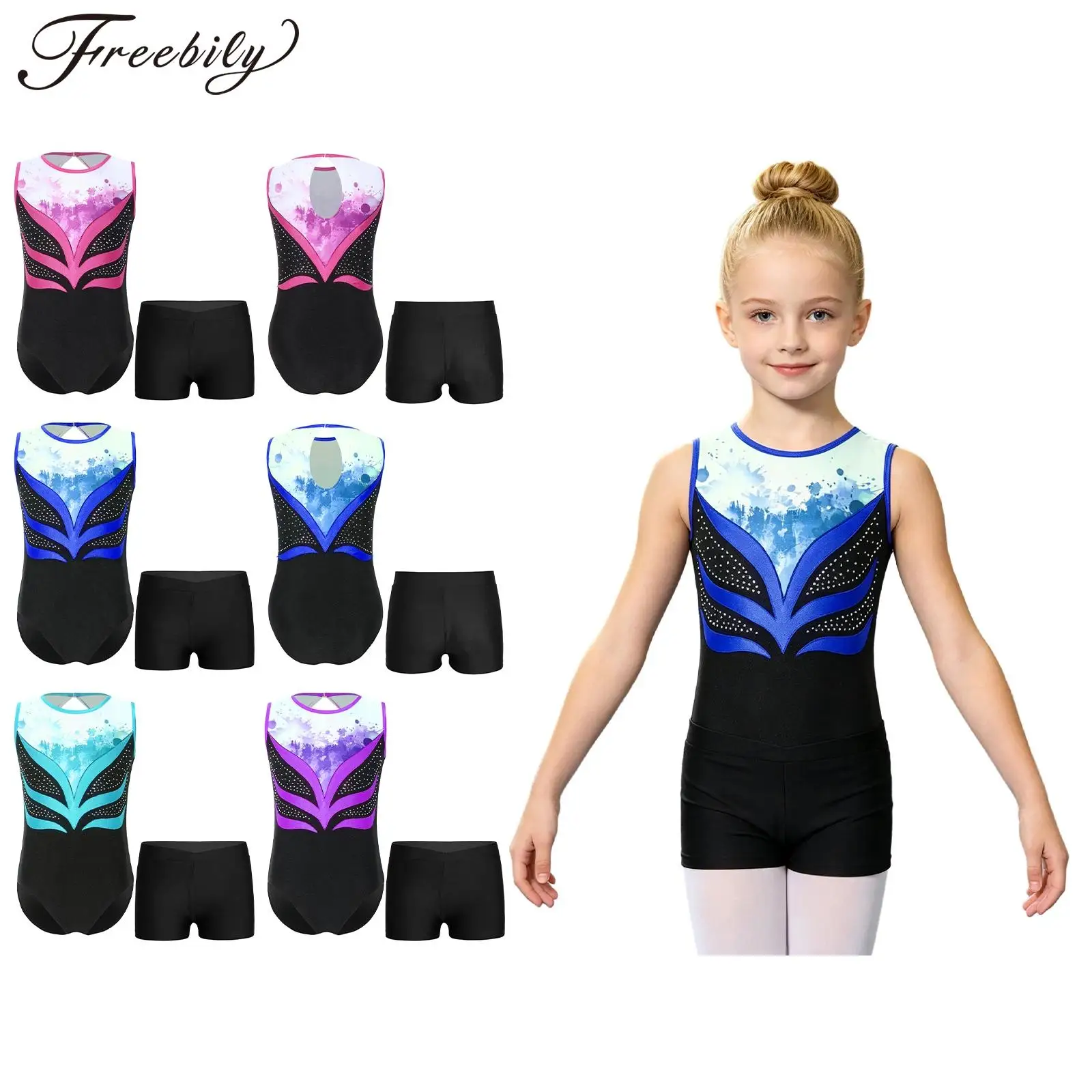 

Kids Girls Ballet Gymnastics Yoga Practice Outfits Sleeveless Rhinestones Gymnastic Leotard Color Block Bodysuit And Shorts Set