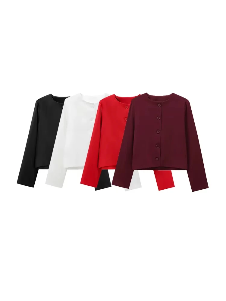 

TRZA-O Neck Long Sleeve Jacket for Women, Front Buttons Coat, Female Outerwear, Chic Tops, Fashion