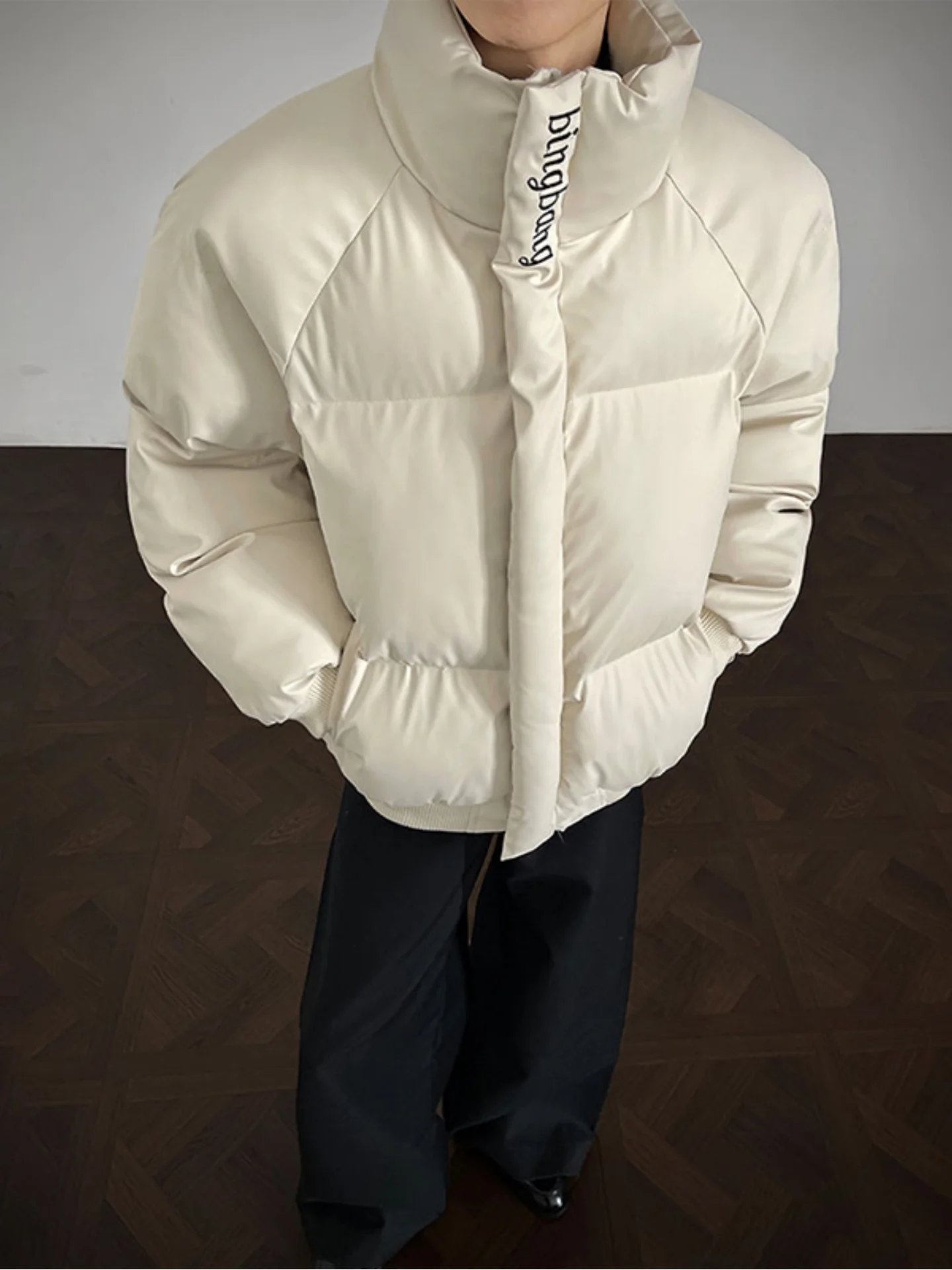 

Boxy ort down Cotton Jaet Men's Letter Embroidery Stand Collar PU Leather Cotton Coat Winter Bread Sle Cotton Padded Ja...