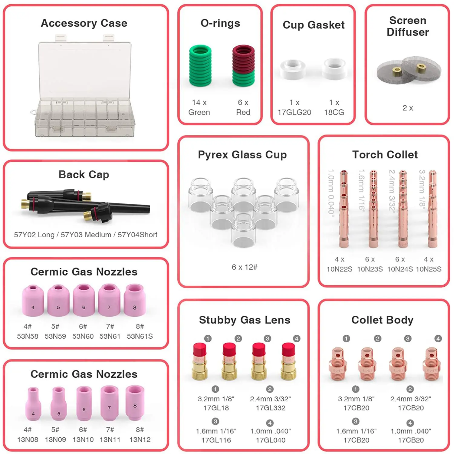 Lentille de gaz tenace pour torche TIG, ensemble de verre 12 pour WP-17/18/26 Kit d'accessoires de soudage TIG 71 pièces