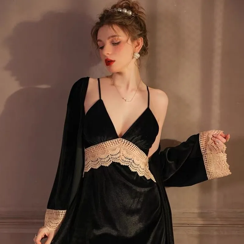 

New Sexy Velvet Pajamas Spring Autumn Nightdress with Breast Pad Slip Dress Lace Deep V Neck Sleepwear Backless Lace Up Pyjamas