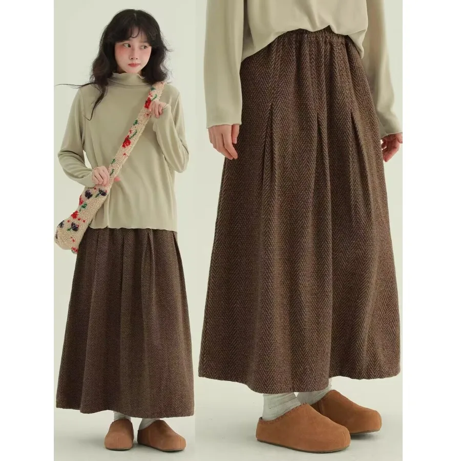 클래식 A라인 울 스커트 캐주얼 다용도 나이를 잊게 하는 슬림핏 단색 버튼 밴딩 허리 출퇴근용 롱 스커트