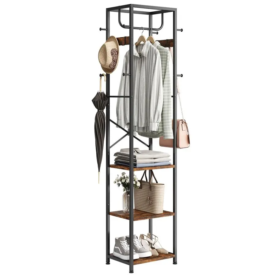

Coat Rack Freestanding, Hall Tree with 3 Storage Shelves and 12 Hooks, Industrial Clothes Rack Stand Organizer for Bedroom, Hall