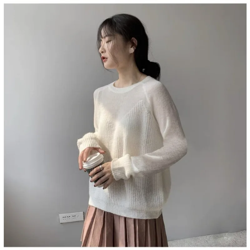 Micro-transparent Splicing Knitted Women's Spring and Autumn Bat Lazy Sweet Temperament Top Sweater New Loose Temperament