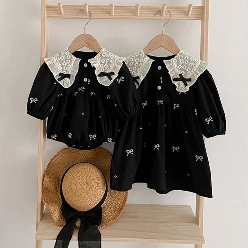 Spring Sister Clothes Baby Girl Dress Bodysuit Bow Autumn Sister Dress Doll Collar Lace Embroidered One Piece Clothes Or Dress