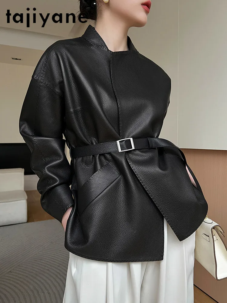 TAJIYANE 리얼 염소가죽 재킷 여성용 짧은 스타일리시 벨트 코트 고품질 천연 가죽 재킷 2026 가을옷 신상 아우터