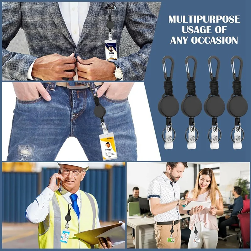 Smart-Retractable Keychain 4 Pack Heavy Duty Key Rings Retractable Lanyard Badge Holder With Steel Cord Carabiner ID Holder