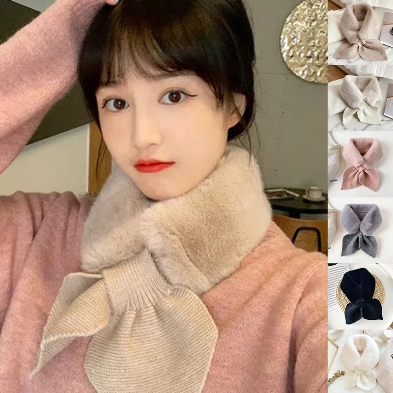 Knitted Faux Rabbit Fur Shawl Cross Scarf Collar Winter Collars And Scarves Neck Cover Women Luxury Neck Warmer Scarf Collar