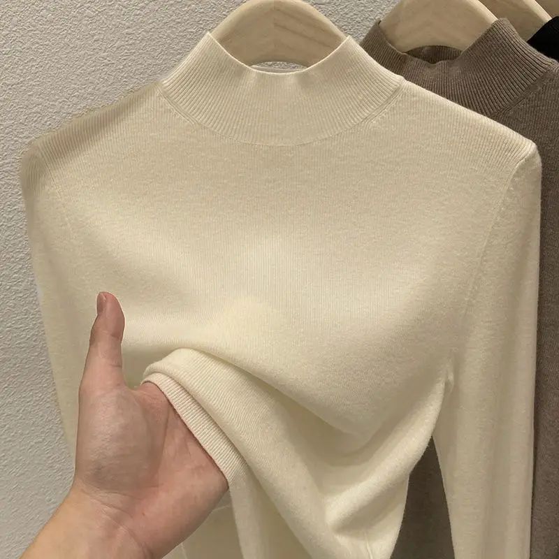 Autumn Winter Base Shirt with a Stylish Interior a Semi High Collar Women\'s Clothing Slim Fit Long Sleeved Mid Neck Design Tops