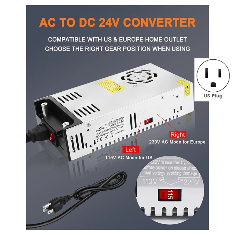 Version DC 24V 15A 360W Power Supply,110V AC To DC 24V Converter Switching Power Adapter For LED Light Bar Radio US Plug