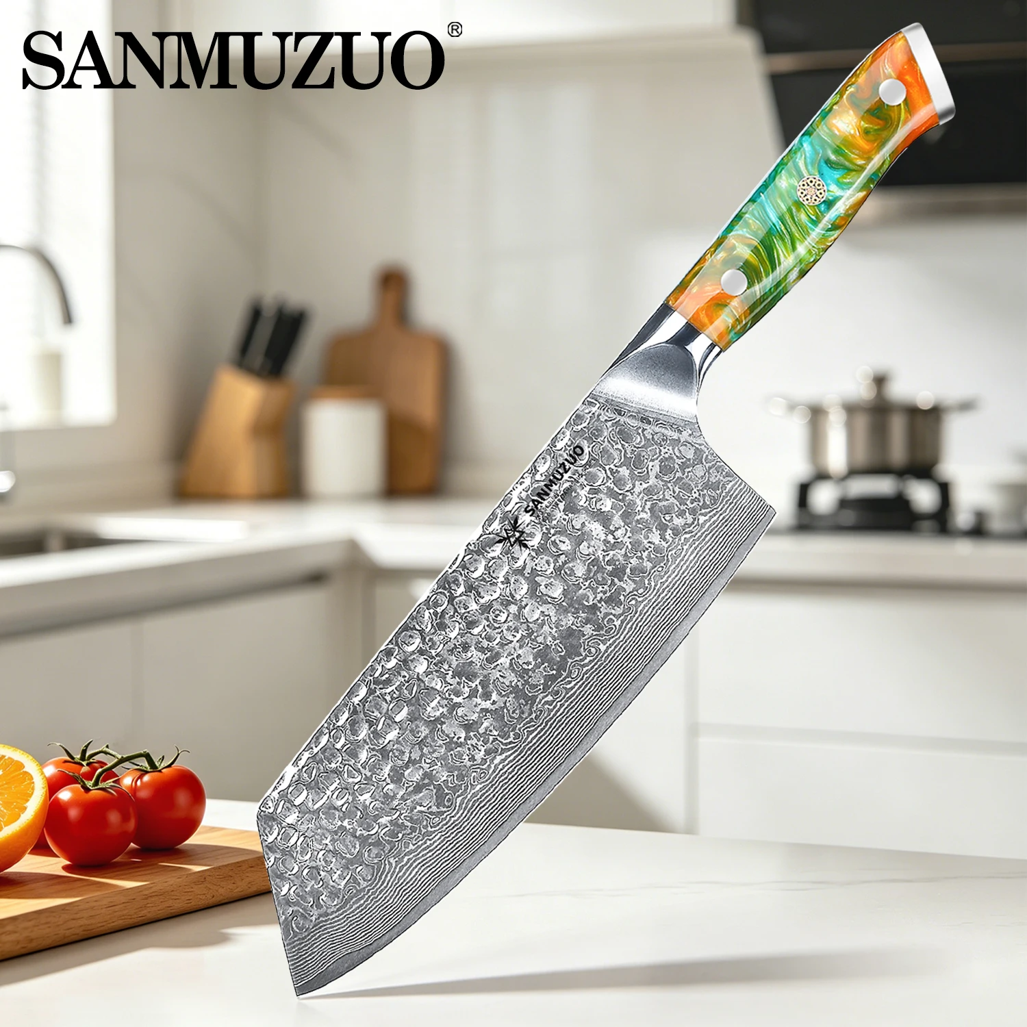 

SUNMUZUO 7.5 Inch Nakiri Knife - Damascus Steel Vegetable Cleaver - Yao Series Sharp Kitchen Knife with Comfortable Resin Handle