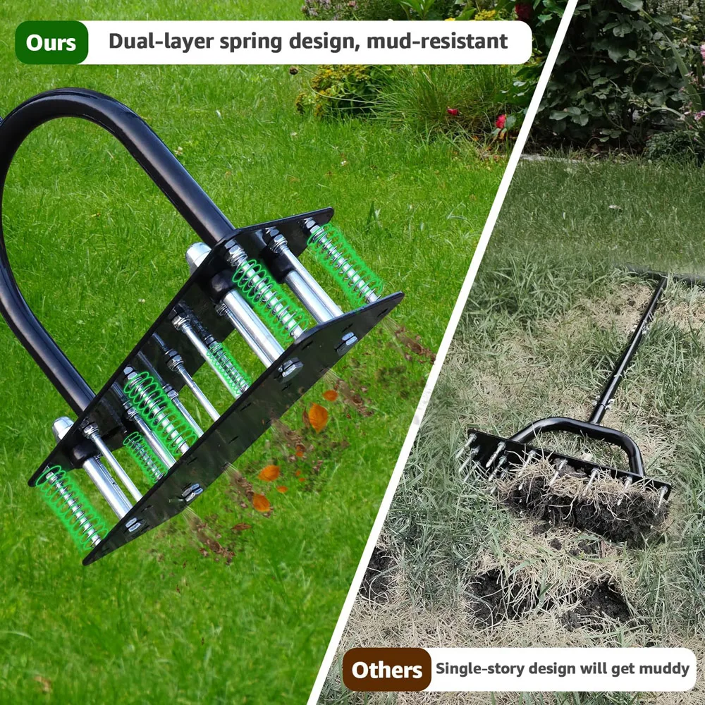 2026 Lawn Aerator, Automatic Dirt and Leaf Clean Design, Heavy Duty Manual Lawn Aerator Tool with 15 Iron Spikes