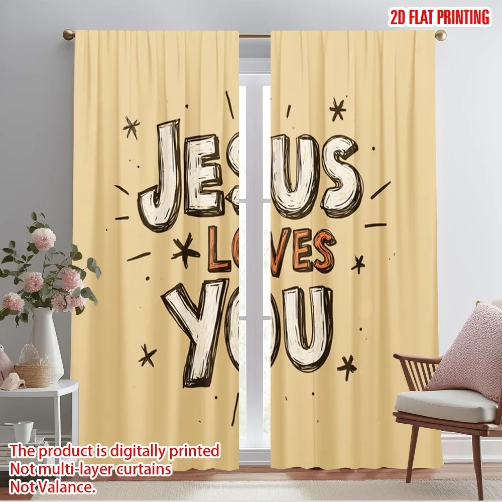 2pcs,2D plane printing Creative Curtains Jesus loves you Versatile 100% Polyester (without rod) Festive Use for Bedroom, Living