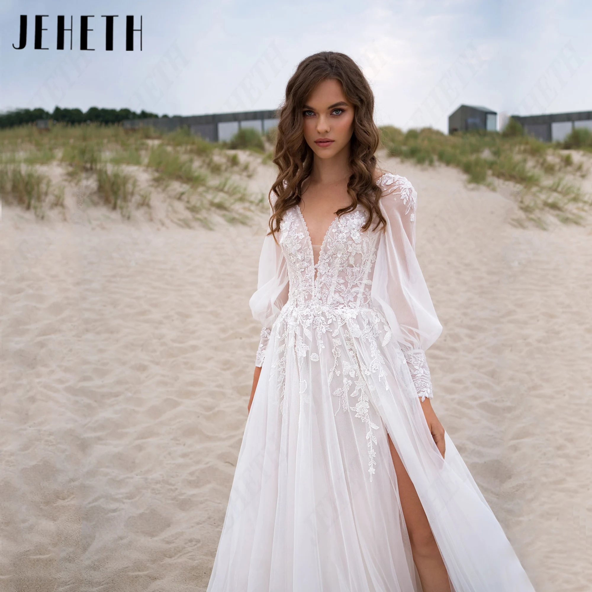 JEHETH Puff Ärmel Bodenlänge bescheiden Brautkleid Tüll Gericht Zug Reißverschluss exquisite Brautkleider maßgeschneiderte Voll rücklos elegante Brautkleider A-Linie Spitze Applikationen hochzeitskleid
