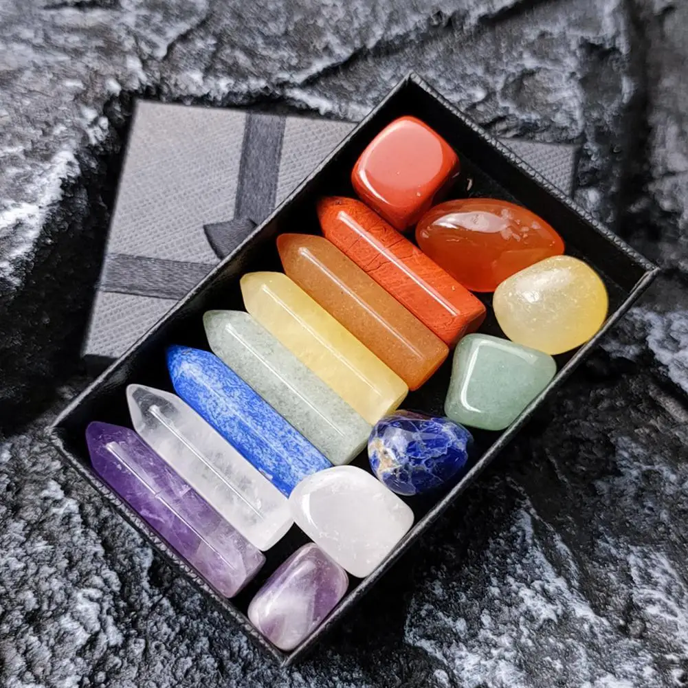 14PCS/Set Natural Stone Crystal Gemstone Chakras Kit Healing Quartz Mineral Ornament Yoga Stone Set Collection Gifts Box