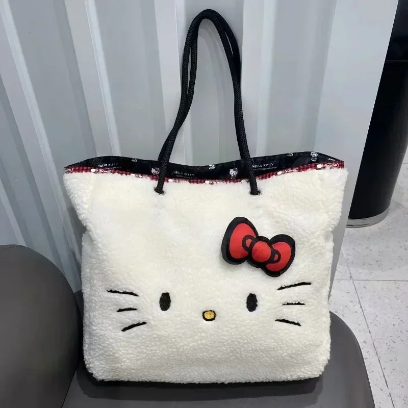 Sanrios New Female Hellokittys Printed Double Sided Cartoon Nylon Plush Shoulder Bag Anime Kawaii Casual Large Capacity Tote Bag