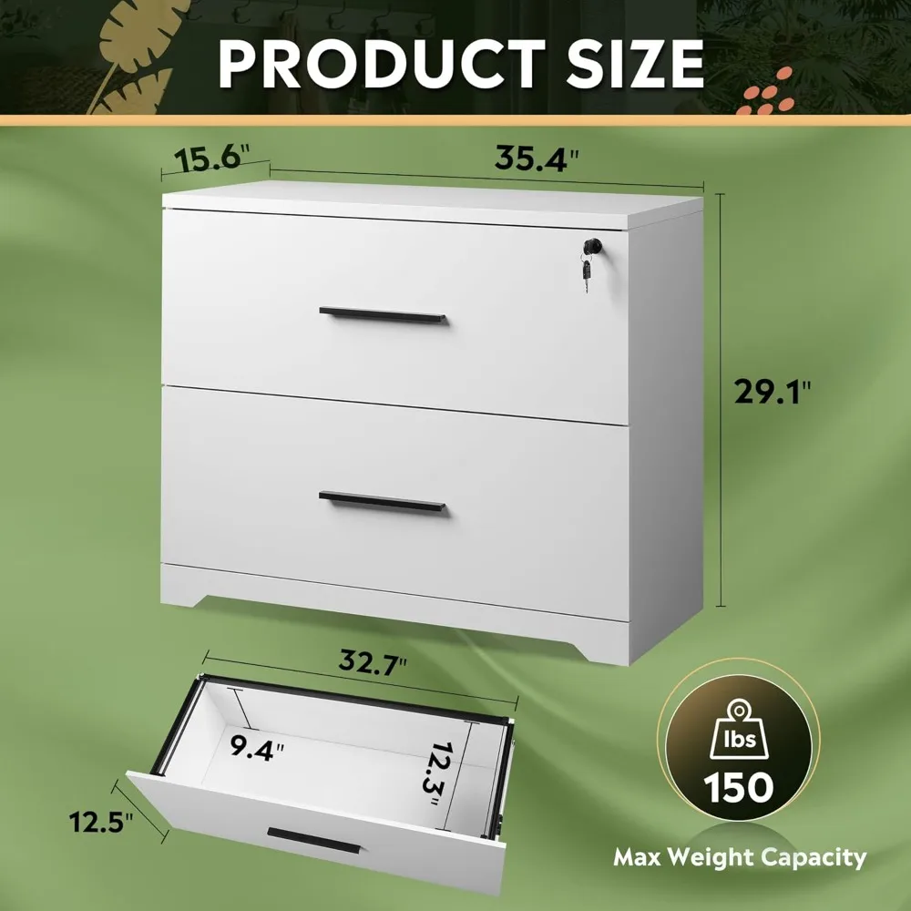2-Drawer Wooden Locking Lateral File Cabinet for Home Office, White