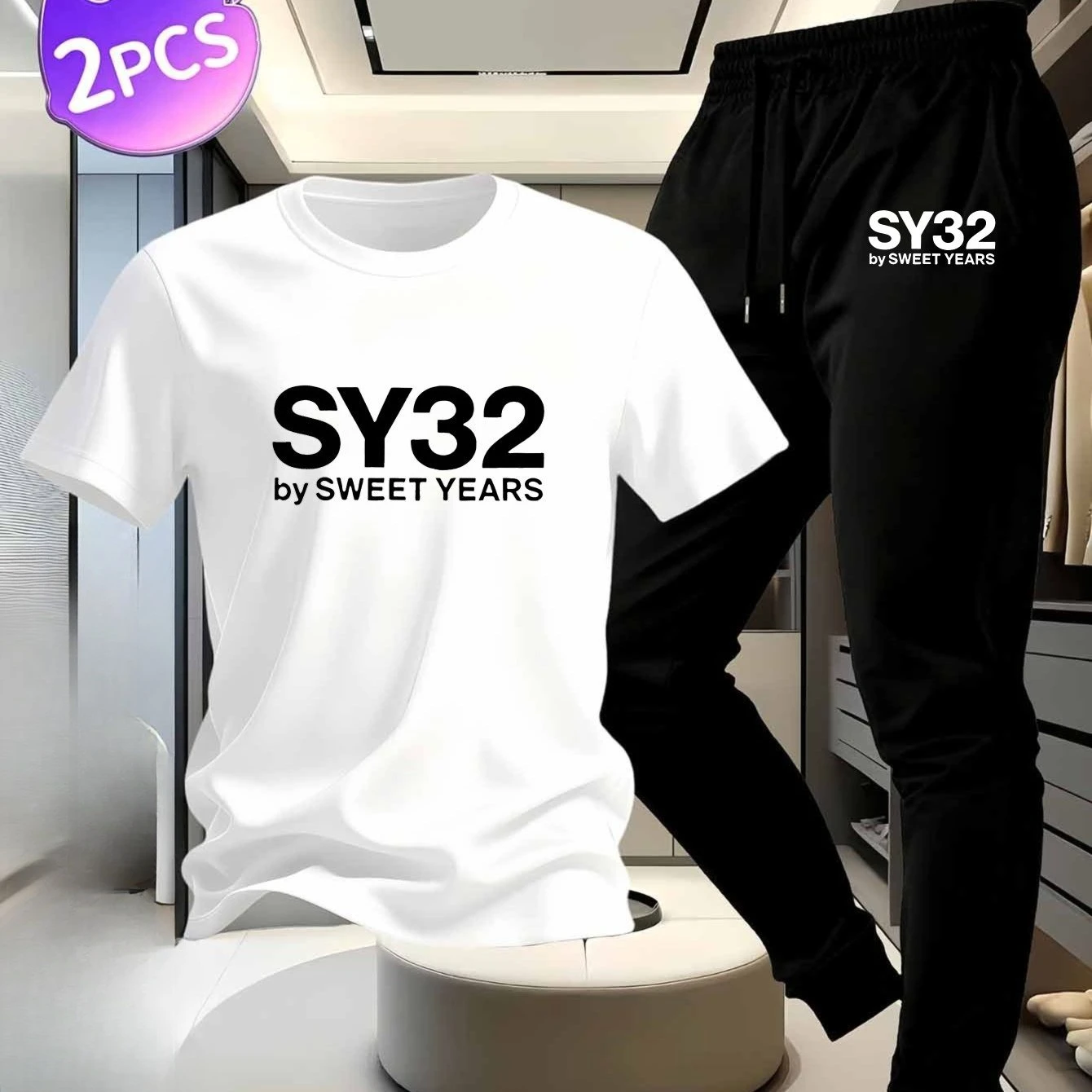 

Men's Casual Set White Cotton Short Sleeve T-Shirt & Black Long Pants with SY32 BY Print Suitable for Daily Home and Sports Wear
