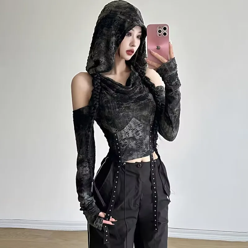 Shibuya Style Spicy Girl Y2k Top Off Shoulder Slimm Hoodie Gothic Langarm Hoodies Schwarz Vielseitiges Sweatshirt T-Shirt Damen