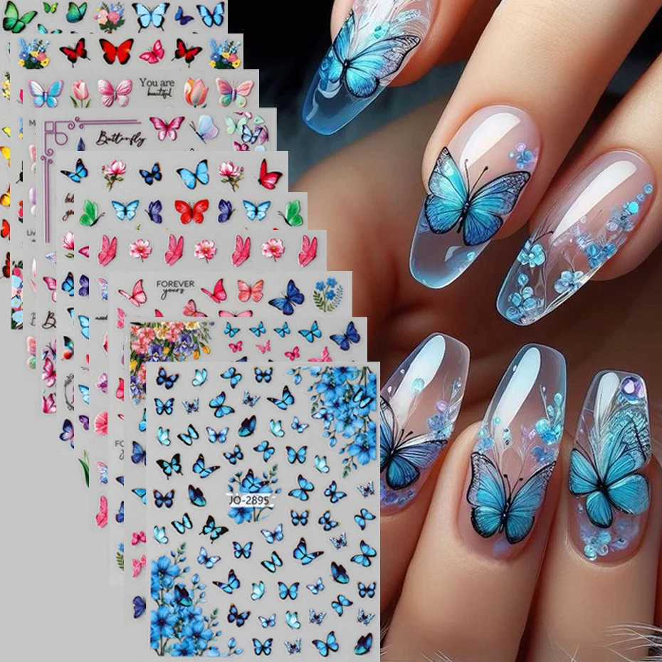 10 pcs Colorful Spring Summer Butterfly Nail Art Stickers Glossy Multi-colored Butterfly Flowers Self-Adhesive Nail Decals
