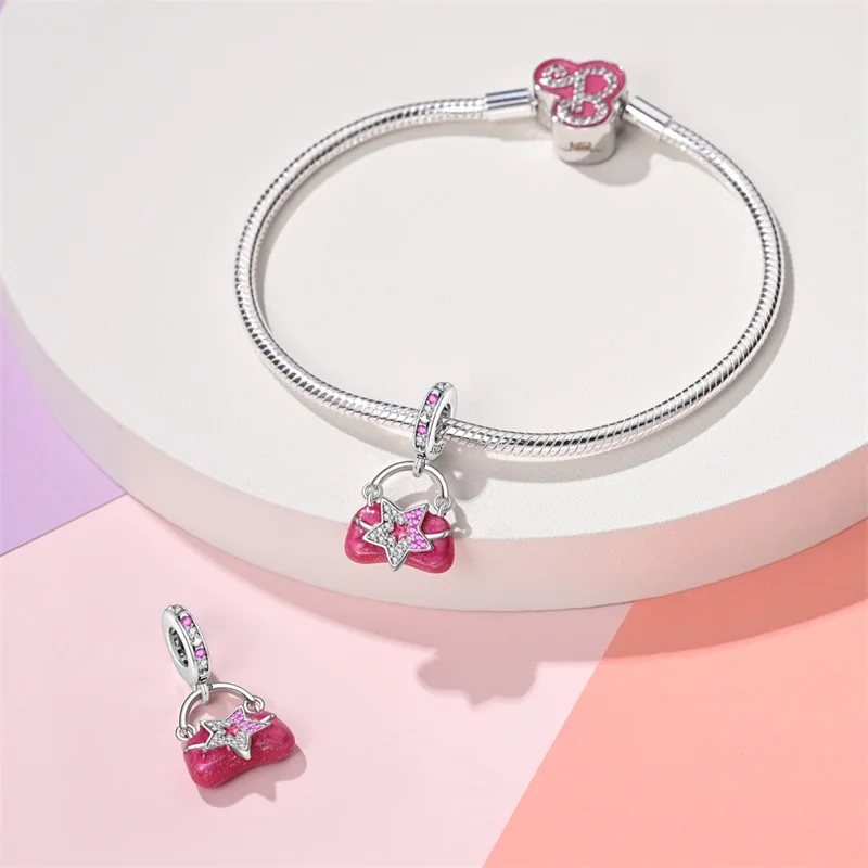 100% 925 Sterling Silver Fashion Pink Princess gonna Bag rossetto Charms Beads Fit Pandora bracciali originali gioielli fai da te regali