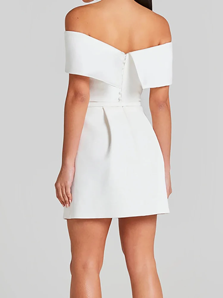 Women Belt Patchwork Short Sleeve Mini Dress, Spring Summer Fashion Slash Neck Party Dress, Solid Off The Shoulder Ladies Dress