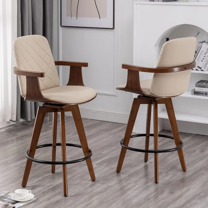 

Bar Stools Set of 2 Upholstered Faux Leather Counter Height Bar Stools Swivel Barstools with Wooden Arms and Legs 25.6-Inch