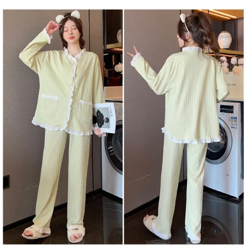 5XL Plus Size Cotton Pajamas Women Spring Fall Cute Thin Two-piece Suit Sweet Students Sleepwear Long Sleeve Loose Homewear