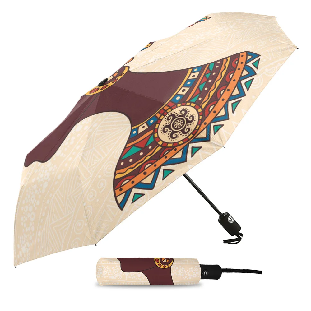 Ethnic African Woman Automatic Umbrella Men Women Rain Windproof Outdoor Travel Sun Three Folding Umbrellas 8 Ribs Gift Parasol