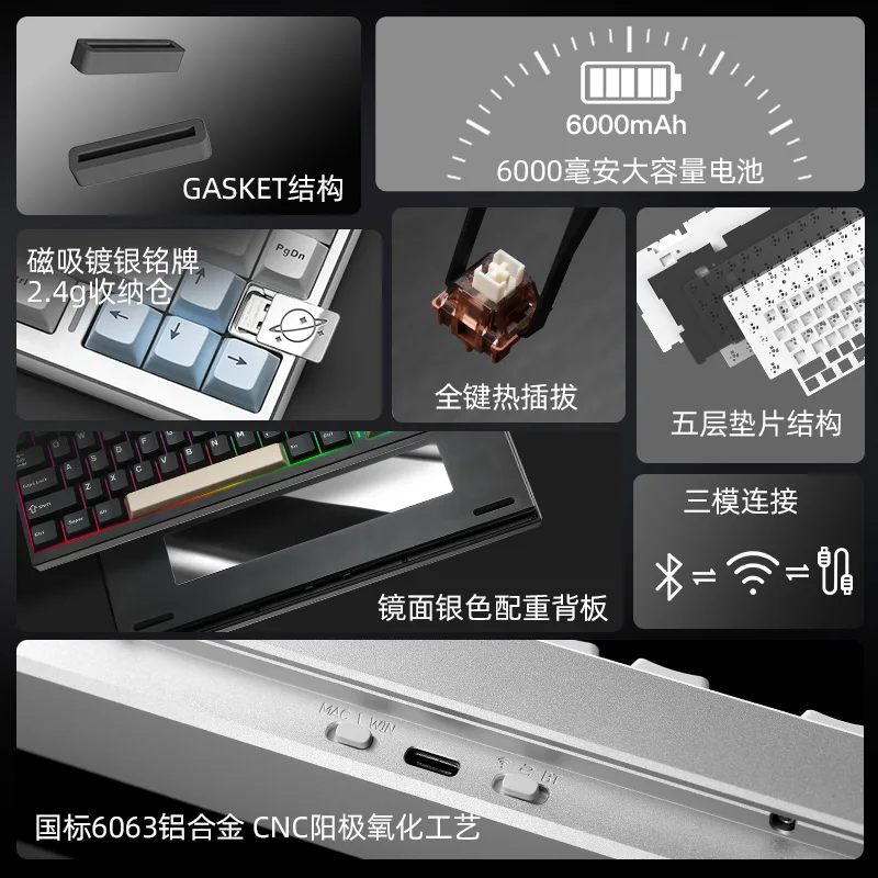 Yunzii Al75pro Mechanical Keyboard 3 Mode Customized Keyboard 2.4g Wireless Five-Layer Filled Soundproofing Metal Material Gifts