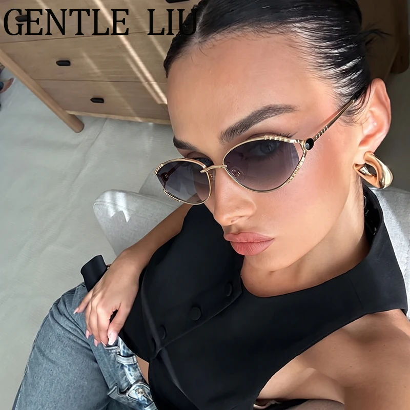 Y2K Punk Oval Sunglasses Women 2026 Luxury Designer Vintage Gradient Metal Frame Sun Glasses Ladies Driving Shades Eyewear UV400
