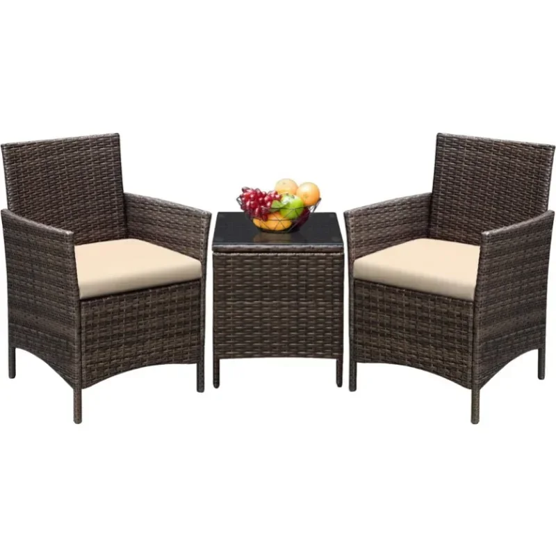 

3 Pieces Patio Furniture PE Rattan Wicker Chair Conversation Set, Brown and Beige, 26.6x12.1x19.3 Inches Garden Furniture