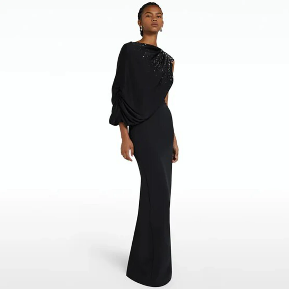 

Luxury Evening Dresses 2024 Jersey Sheath/Column Valentine's Day Dress Black Boat Neck Sequined Clubbing Gown Long 2024