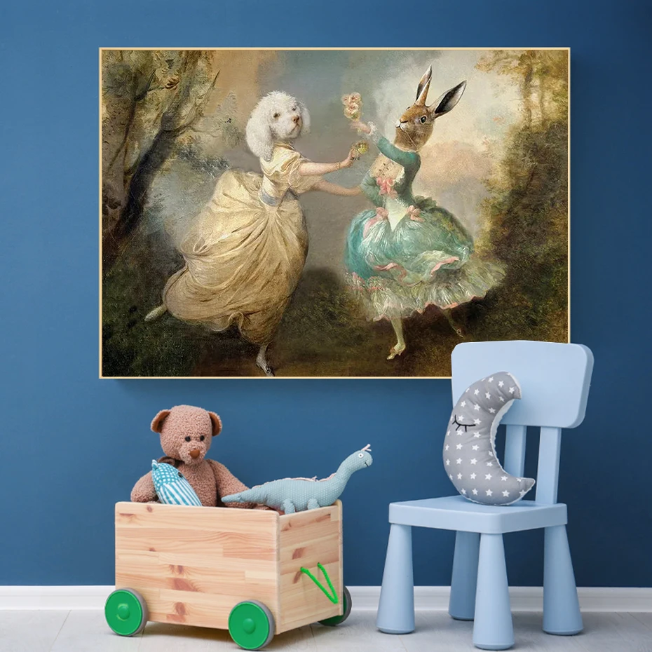 

Abstract Animal Canvas Painting, Rabbit, Dog, Christmas Present, Nordic Wall Art, Poster and Print, Angel Baby, Child Pictures