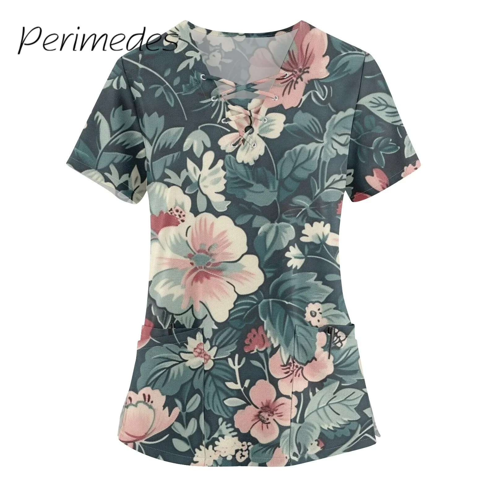 Women'S 2024 Nurse Uniform Summer Elegant Casual Printed Short Sleeve Uniform Top With Double Pockets Uniforme Clinico Mujer