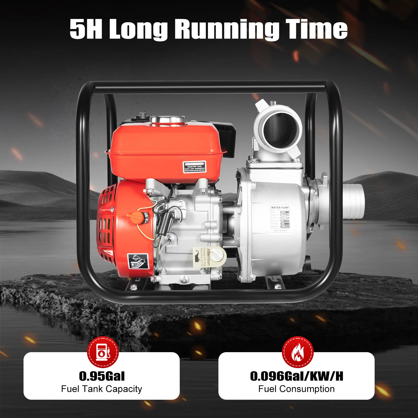 Red And Black Gasoline Engine Water Pump(19.2914.7615.95In) - 3600RPM Speed&Water Pipe Included, 212cc Displacement&Filter