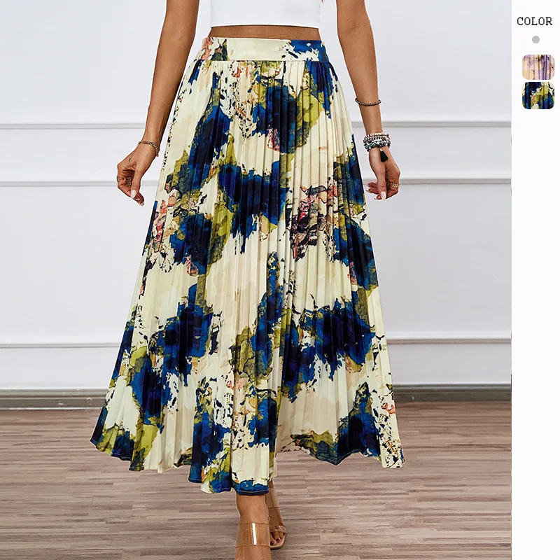 Summer High-Grade Oil Painting Printed Pleated Skirt European and American Draping Effect A- line Pleated Skirt Women