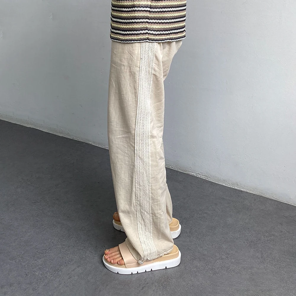 Mens Cotton Linen Casual Straight Leg Cinch Pants Genderless 2024 New Summer Fashion Simple Youth Thin Solid Color Pants Unisex