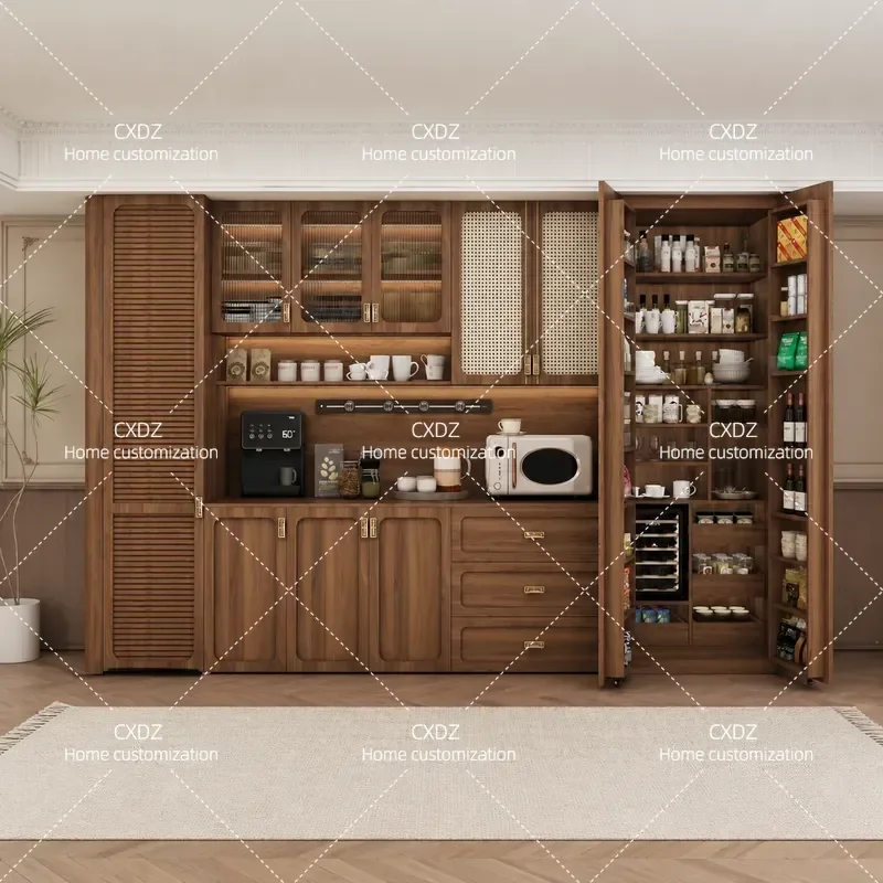 Solid Wood Edge Cabinet Integrated Storage Against Wall Custom Small Apartment Multi Functional Snack Louver Rattan Display