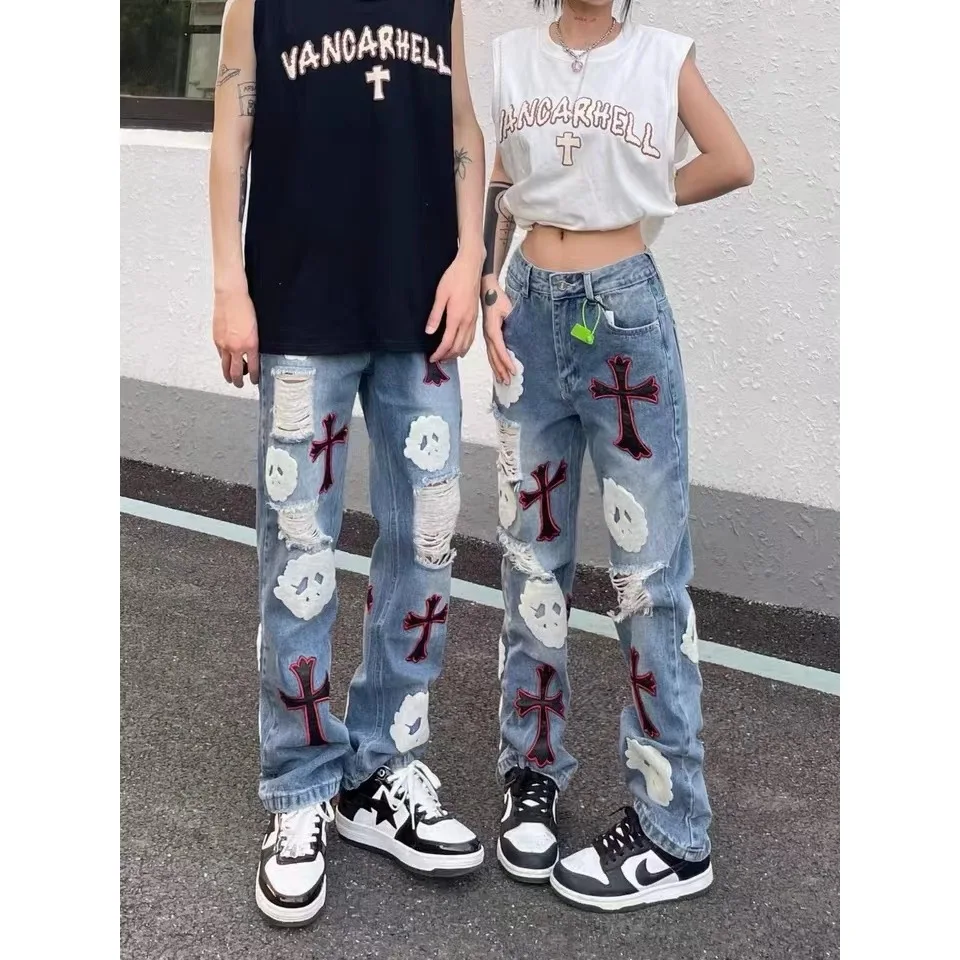 

Embroidered Ripped Jeans Unisex Retro Loose Straight Pouch Casual Trendy Pants Vintage Trousers Skull Cross American Style 2023