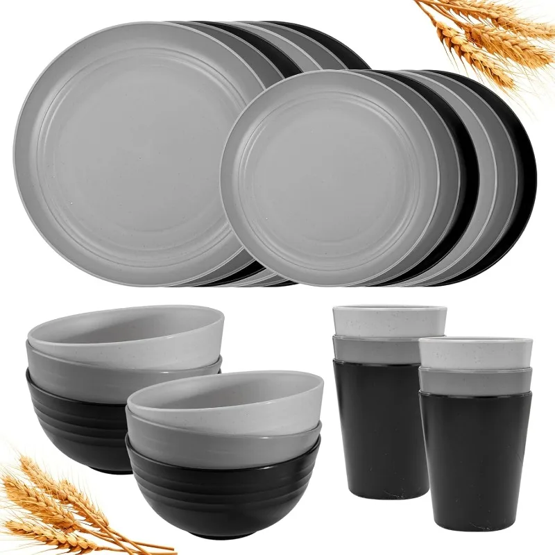 24Pcs Kitchen Plastic Wheat Straw Dinnerware Set,Dinnerware Sets for 6,Microwave Dishwasher Safe Plates